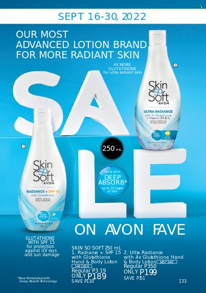 thumbnail - Avon offer  - 1.9.2022 - 30.9.2022 - Sales products - Avon, Skin So Soft, body lotion. Page 133.