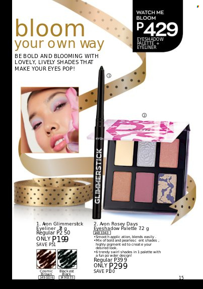 thumbnail - Avon offer  - Sales products - Avon, Palette, eyeshadow, glimmerstick, shades, eyeliner, watch. Page 15.