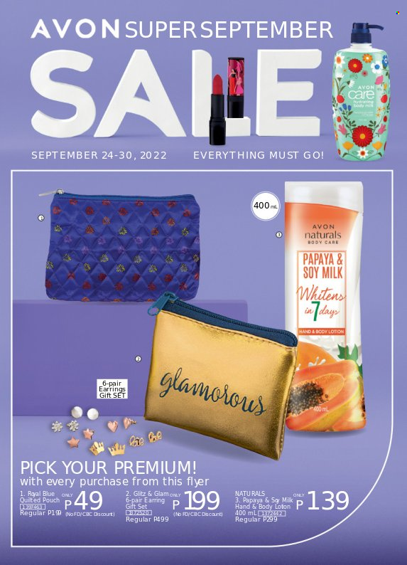 thumbnail - Avon offer  - 24.9.2022 - 30.9.2022 - Sales products - Avon, body lotion, gift set, earrings, Go!. Page 1.