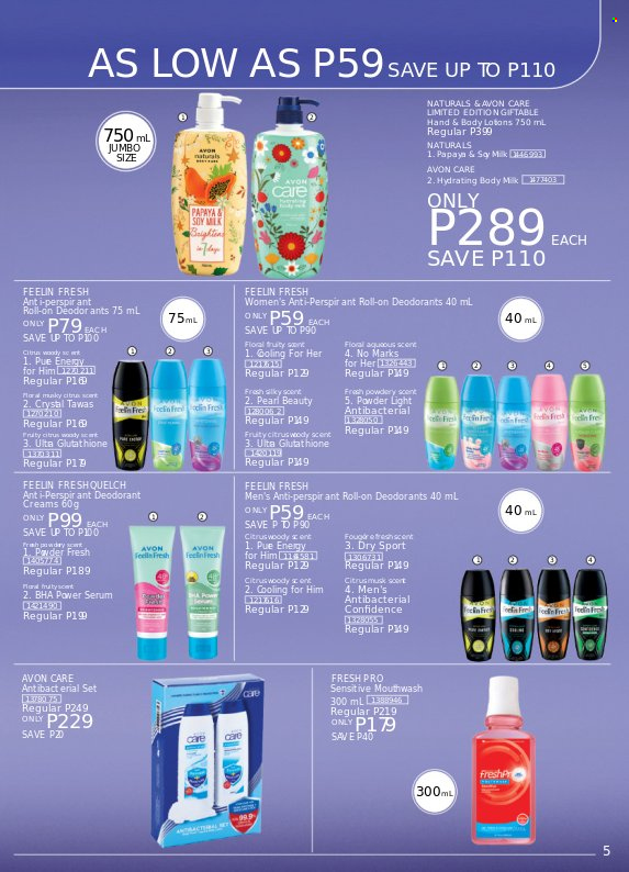 thumbnail - Avon offer  - 24.9.2022 - 30.9.2022 - Sales products - Avon, mouthwash, serum, body milk, anti-perspirant, roll-on, deodorant. Page 5.