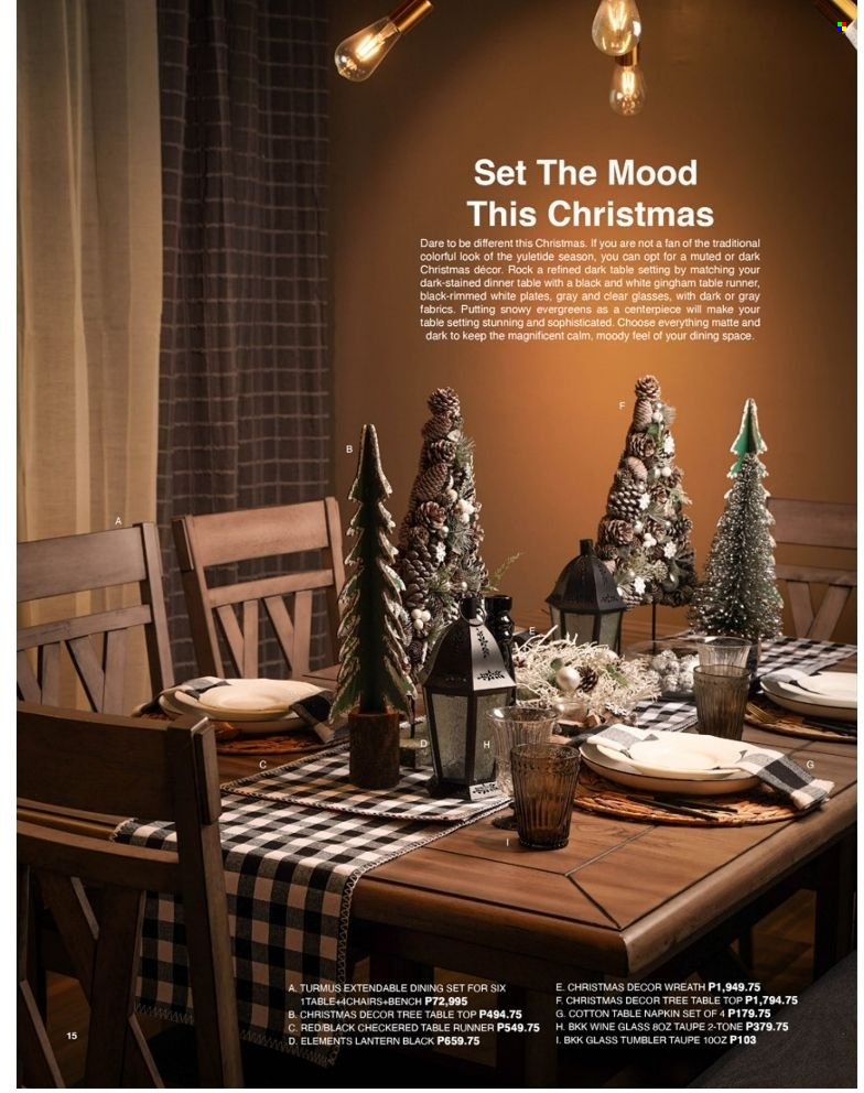 thumbnail - AllHome offer  - 3.9.2022 - 31.12.2022 - Sales products - napkins, tumbler, wine glass, plate, table runner, dining set, bench, wreath, christmas decor, lantern. Page 34.