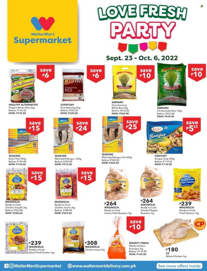 thumbnail - Walter Mart offer  - 23.9.2022 - 6.10.2022 - Sales products - milkfish, fried chicken, Bounty, brown rice, rice, white rice, herbs, whole chicken. Page 1.