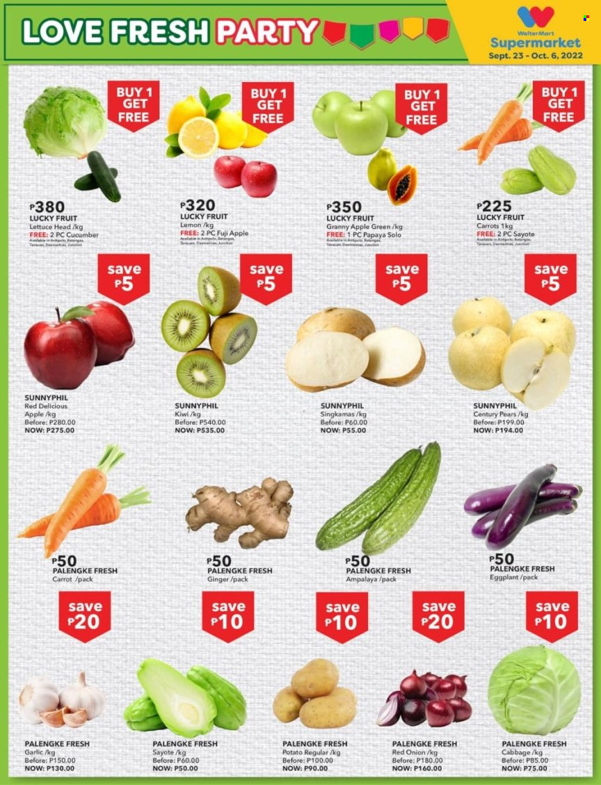 thumbnail - Walter Mart offer  - 23.9.2022 - 6.10.2022 - Sales products - kiwi, Red Delicious apples, papaya, pears, Fuji apple, cabbage, carrots, garlic, ginger, onion, lettuce, eggplant. Page 2.