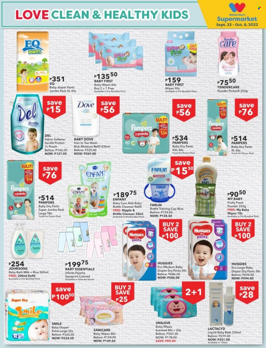 thumbnail - Walter Mart offer  - 23.9.2022 - 6.10.2022 - Sales products - milk, Dove, rice, wipes, Huggies, Pampers, pants, baby wipes, Johnson's, baby bath, Sanicare, fabric softener, Lactacid, cleanser. Page 9.