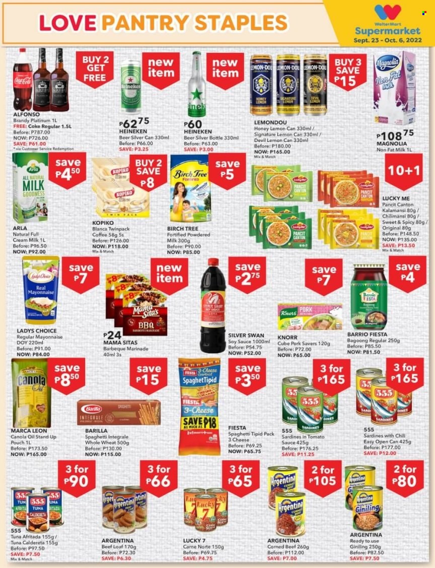 thumbnail - Walter Mart offer  - 23.9.2022 - 6.10.2022 - Sales products - sardines, tuna, spaghetti, Knorr, Barilla, corned beef, cheese, Arla, Birch Tree, mayonnaise, powdered milk, soy sauce, marinade, canola oil, oil, Coca-Cola, coffee, brandy, beer, Heineken, beef meat. Page 10.