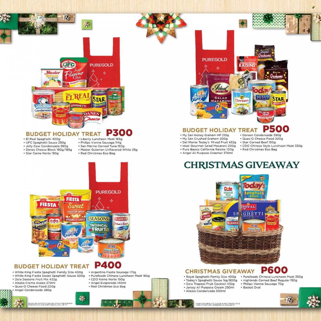 thumbnail - Puregold offer  - Sales products - tuna, spaghetti, macaroni, sauce, spaghetti sauce, sausage, vienna sausage, lunch meat, parmesan, cheese, fruit mix, jelly, semolina, corned beef, Dole, Del Monte, honey, raisins, dried fruit, bag, Philips, mixer. Page 3.
