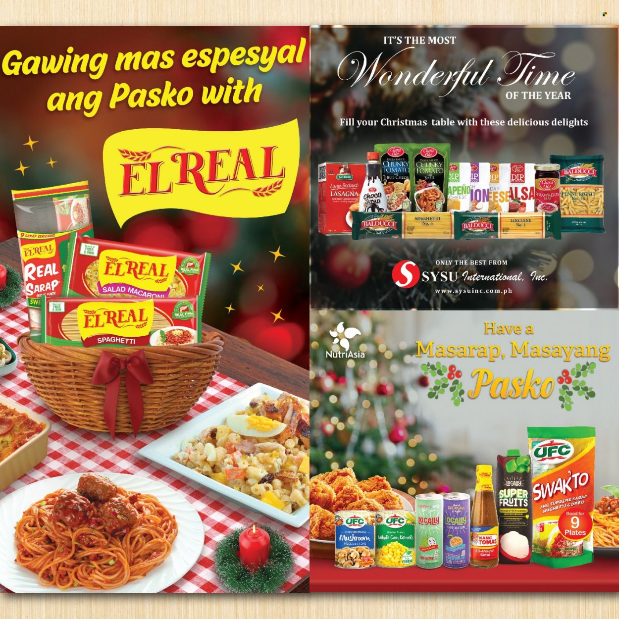 thumbnail - Puregold offer  - Sales products - spaghetti, macaroni, pasta, salad, lasagna meal, cheese, dip, mushrooms, penne, fruit jam, syrup, plate, table. Page 19.