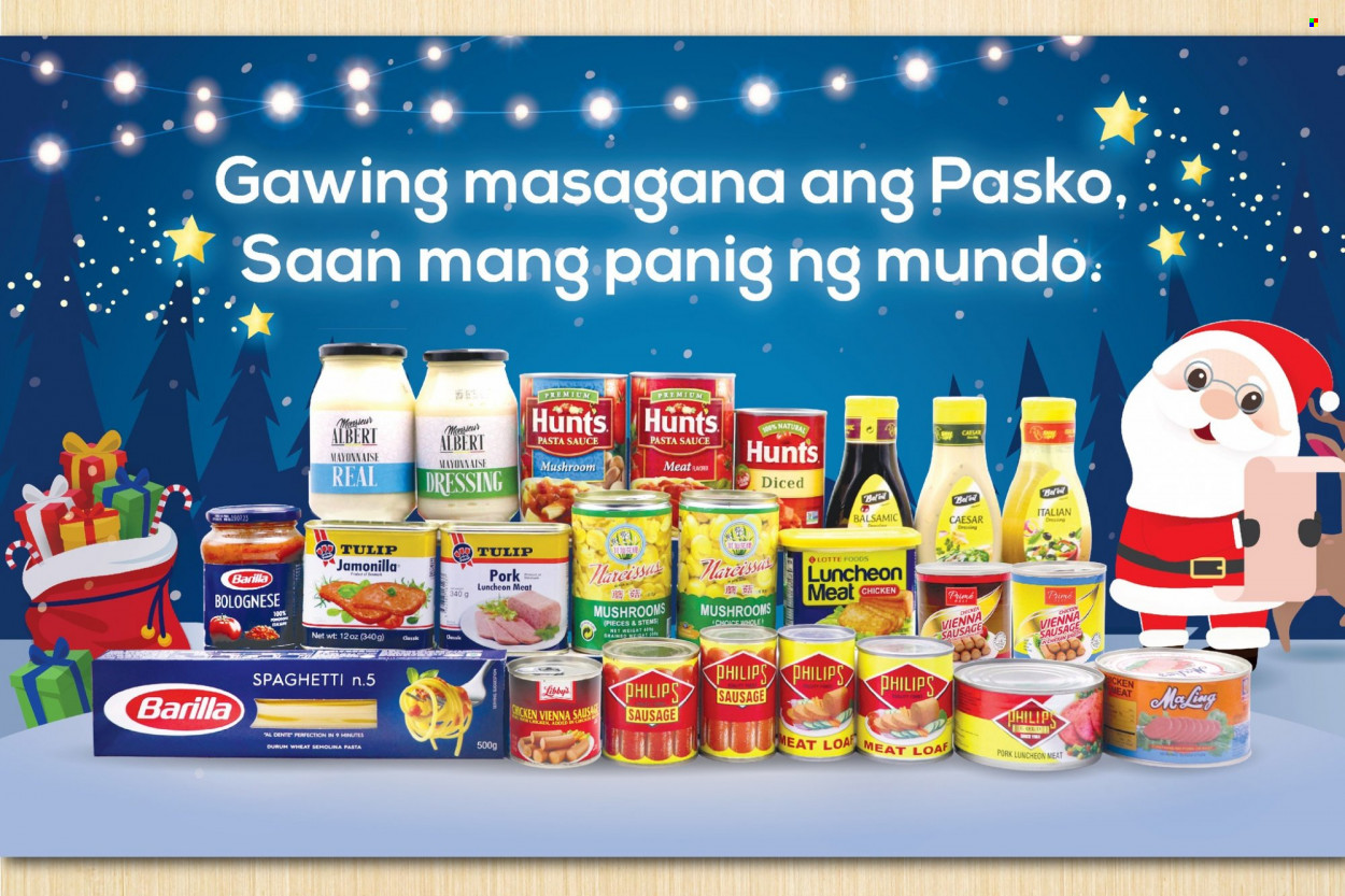 thumbnail - Puregold offer  - Sales products - spaghetti, pasta sauce, sauce, Barilla, sausage, vienna sausage, lunch meat, mayonnaise, italian dressing, mushrooms, caesar dressing, dressing, Philips. Page 23.