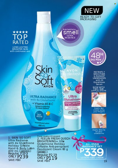 thumbnail - Avon offer  - 1.10.2022 - 31.10.2022 - Sales products - Avon, serum, Skin So Soft, body lotion, anti-perspirant, deodorant. Page 19.