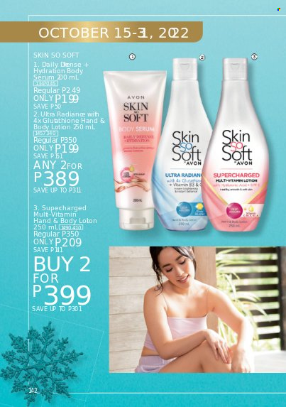thumbnail - Avon offer  - 1.10.2022 - 31.10.2022 - Sales products - Avon, serum, Skin So Soft, body lotion, multivitamin. Page 142.