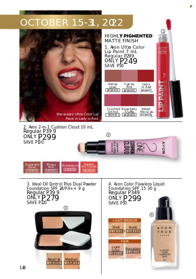 thumbnail - Avon offer  - 1.10.2022 - 31.10.2022 - Sales products - Avon, lip paint, face powder, powder foundation. Page 148.