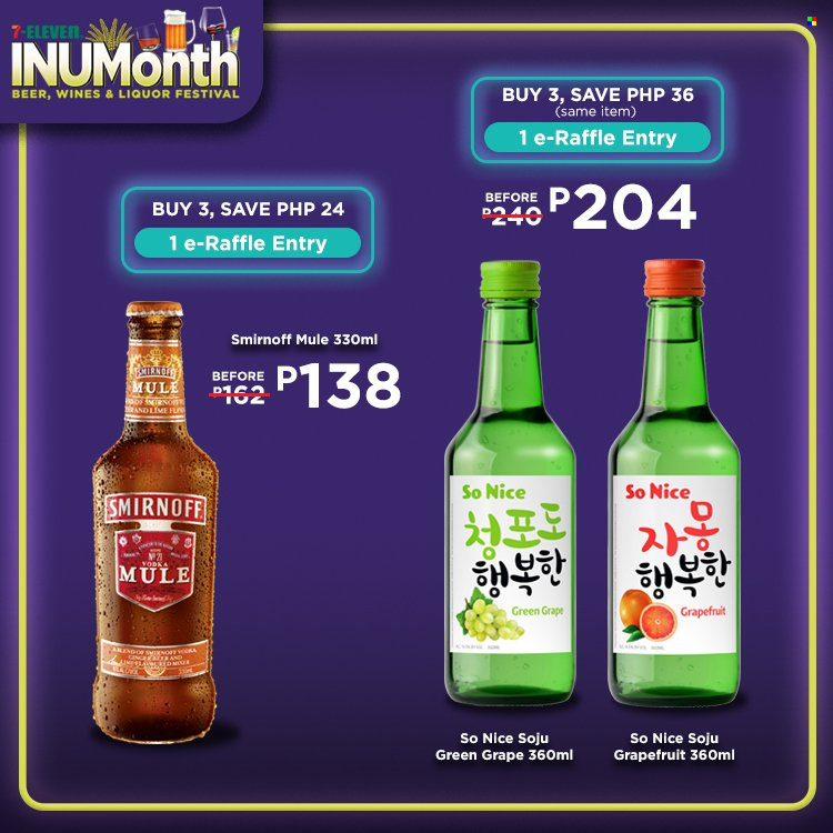thumbnail - 7 Eleven offer  - 21.9.2022 - 1.11.2022 - Sales products - grapefruits, So Nice, Smirnoff, vodka, liquor, Soju, beer. Page 6.