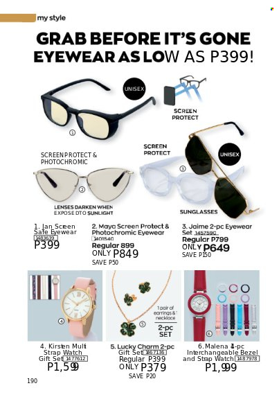 thumbnail - Avon offer  - 1.11.2022 - 30.11.2022 - Sales products - Sunlight, gift set, earrings, necklace, sunglasses, watch. Page 190.