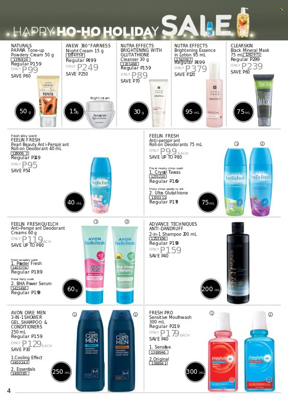 thumbnail - Avon offer  - 19.11.2022 - 30.11.2022 - Sales products - shampoo, shower gel, Avon, mouthwash, Anew, cleanser, serum, night cream, Nutra Effects, body lotion, anti-perspirant, roll-on, deodorant, magnesium. Page 4.