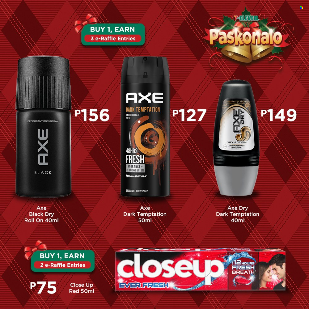 thumbnail - 7 Eleven offer  - Sales products - chocolate, dark chocolate, Closeup, body spray, anti-perspirant, fragrance, roll-on, deodorant, Axe. Page 38.