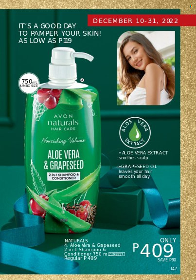 thumbnail - Avon offer  - 1.12.2022 - 31.12.2022 - Sales products - shampoo, Avon, grape seed oil, conditioner. Page 147.