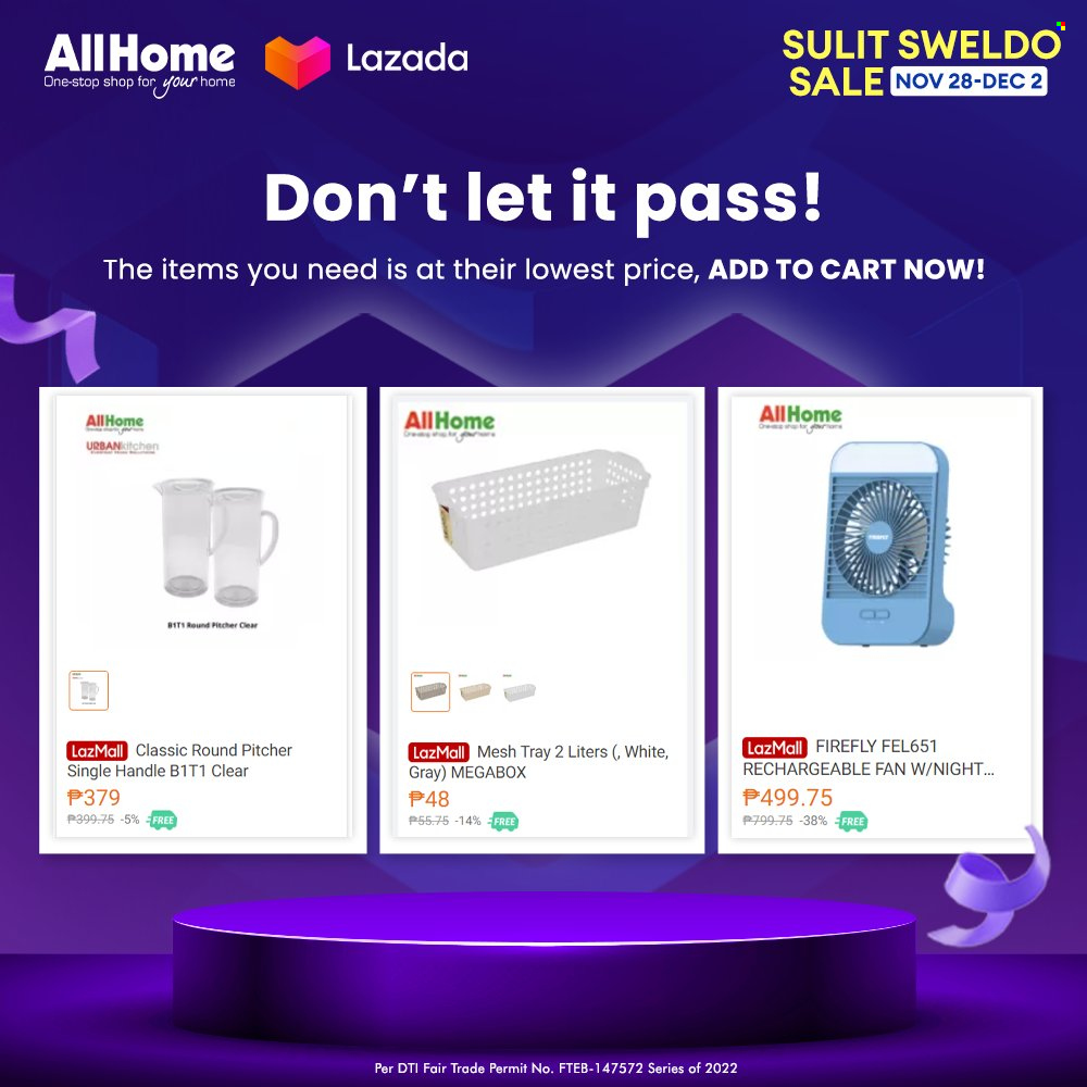 thumbnail - AllHome offer  - 28.11.2022 - 2.12.2022 - Sales products - tray, pitcher, rechargeable fan, cart. Page 1.