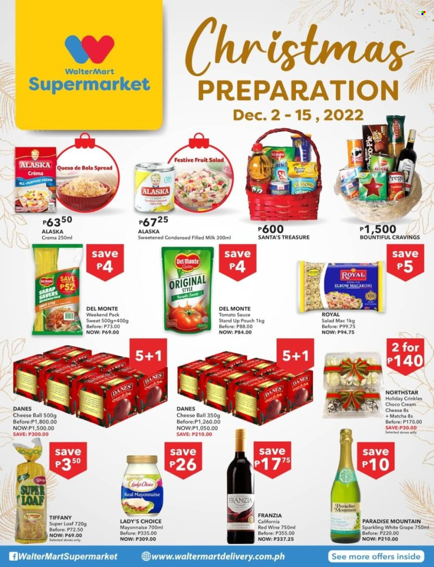 thumbnail - Walter Mart offer  - 2.12.2022 - 15.12.2022 - Sales products - macaroni, sauce, cream cheese, cheese, milk, mayonnaise, tomato sauce, fruit salad, Del Monte, matcha. Page 8.