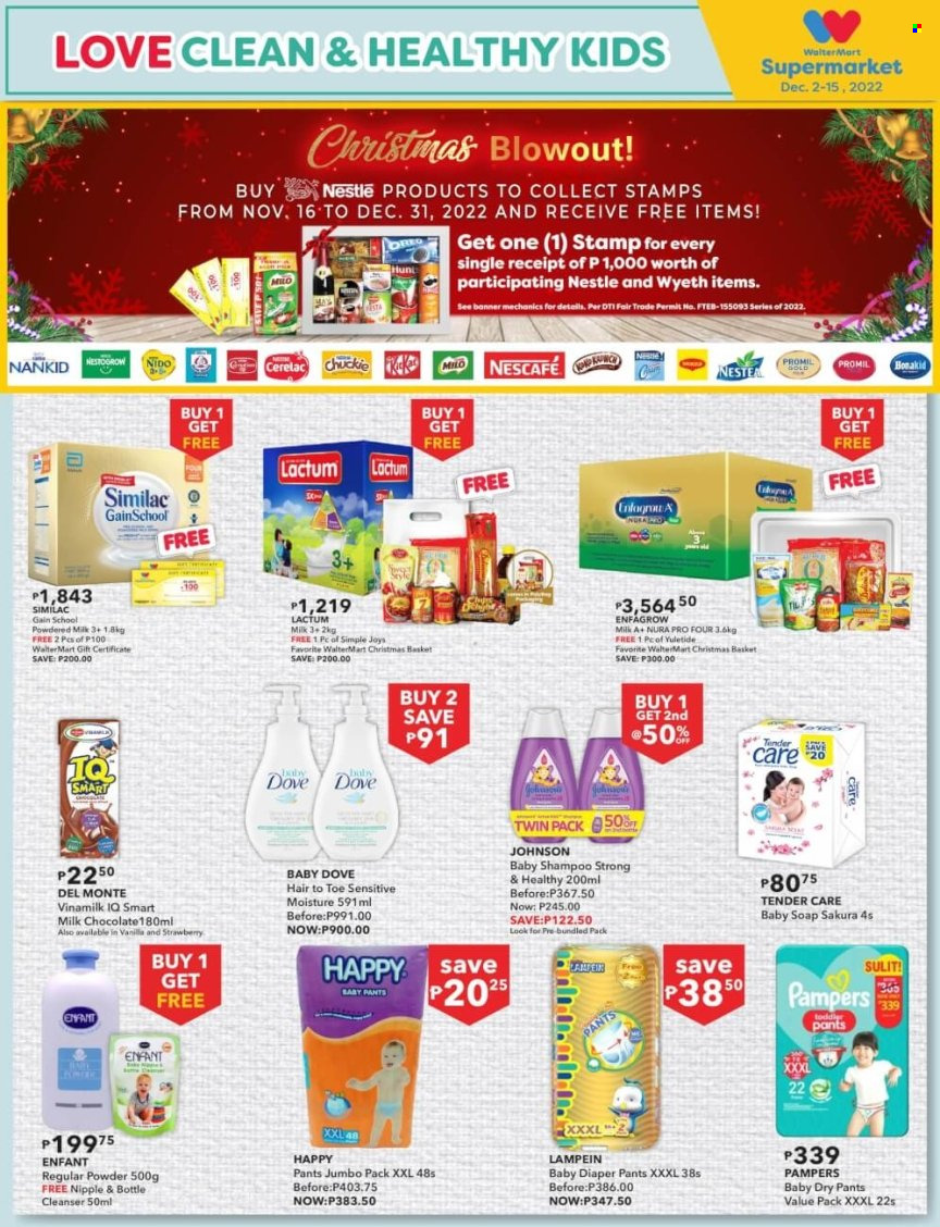 thumbnail - Walter Mart offer  - 2.12.2022 - 15.12.2022 - Sales products - Milo, Dove, milk chocolate, chocolate, powdered milk, Del Monte, Nescafé, Similac, Pampers, pants, Johnson's, baby pants, Gain, shampoo, soap, cleanser. Page 13.
