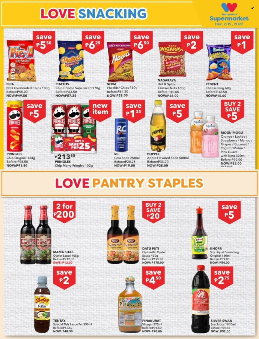 thumbnail - Walter Mart offer  - 2.12.2022 - 15.12.2022 - Sales products - grapes, guava, coconut, oysters, fish, Knorr, sauce, cheese, yoghurt, sour cream, crackers, Pringles, chips, lychee, spice, fish sauce, soy sauce, oyster sauce, soda, melons. Page 16.