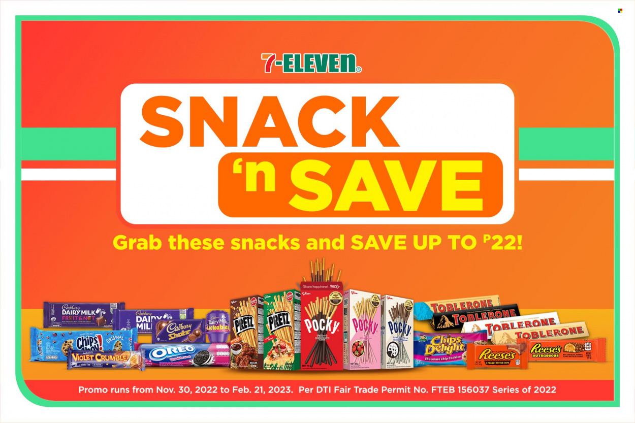 thumbnail - 7 Eleven offer  - 30.11.2022 - 21.2.2023 - Sales products - Oreo, Reese's, cookies, snack, Toblerone, Cadbury, Dairy Milk, peanut butter cups, chips, fruit jam. Page 1.