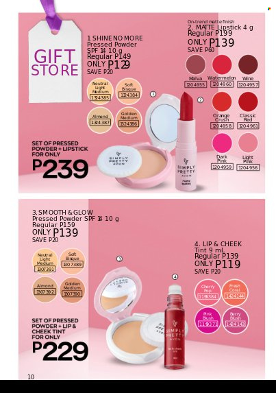thumbnail - Avon offer  - Sales products - Avon, lipstick, cheek tint, face powder. Page 10.