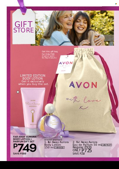 thumbnail - Avon offer  - Sales products - Avon, body lotion, eau de parfum, far away, gift set, bag. Page 14.