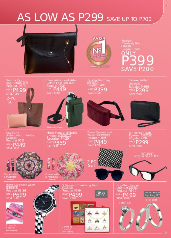 thumbnail - Avon offer  - 18.2.2023 - 28.2.2023 - Sales products - Avon, gift set, bag, drink bottle, cross body bag, wallet, watch, umbrella. Page 9.