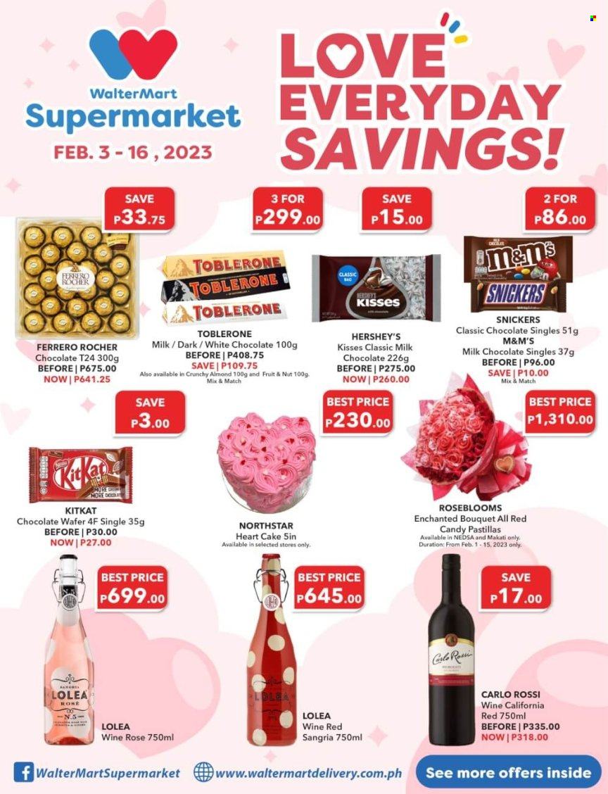 thumbnail - Walter Mart offer  - 3.2.2023 - 16.2.2023 - Sales products - cake, Hershey's, milk chocolate, wafers, chocolate, Ferrero Rocher, Snickers, M&M's, KitKat, Toblerone, wine, rosé wine. Page 1.