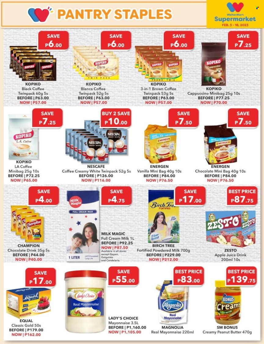 thumbnail - Walter Mart offer  - 3.2.2023 - 16.2.2023 - Sales products - Birch Tree, mayonnaise, chocolate, powdered milk, peanut butter, apple juice, juice, chocolate drink, Boost, cappuccino, coffee, Nescafé, bag. Page 6.
