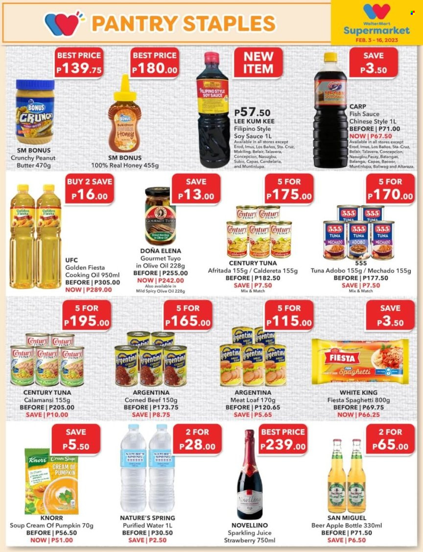 thumbnail - Walter Mart offer  - 3.2.2023 - 16.2.2023 - Sales products - pumpkin, carp, tuna, fish, spaghetti, soup, Knorr, sauce, corned beef, adobo sauce, fish sauce, soy sauce, Lee Kum Kee, cooking oil, honey, peanut butter, juice, sparkling juice, purified water, Novellino, beer, San Miguel, beef meat. Page 7.