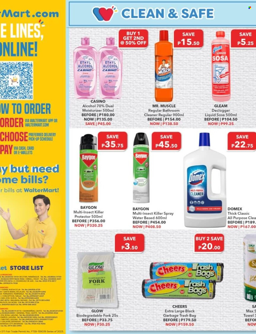thumbnail - Walter Mart offer  - 3.2.2023 - 16.2.2023 - Sales products - ham, alcohol, cleaner, Domex, Mr. Muscle, moisturizer, trash bags, insect killer. Page 12.
