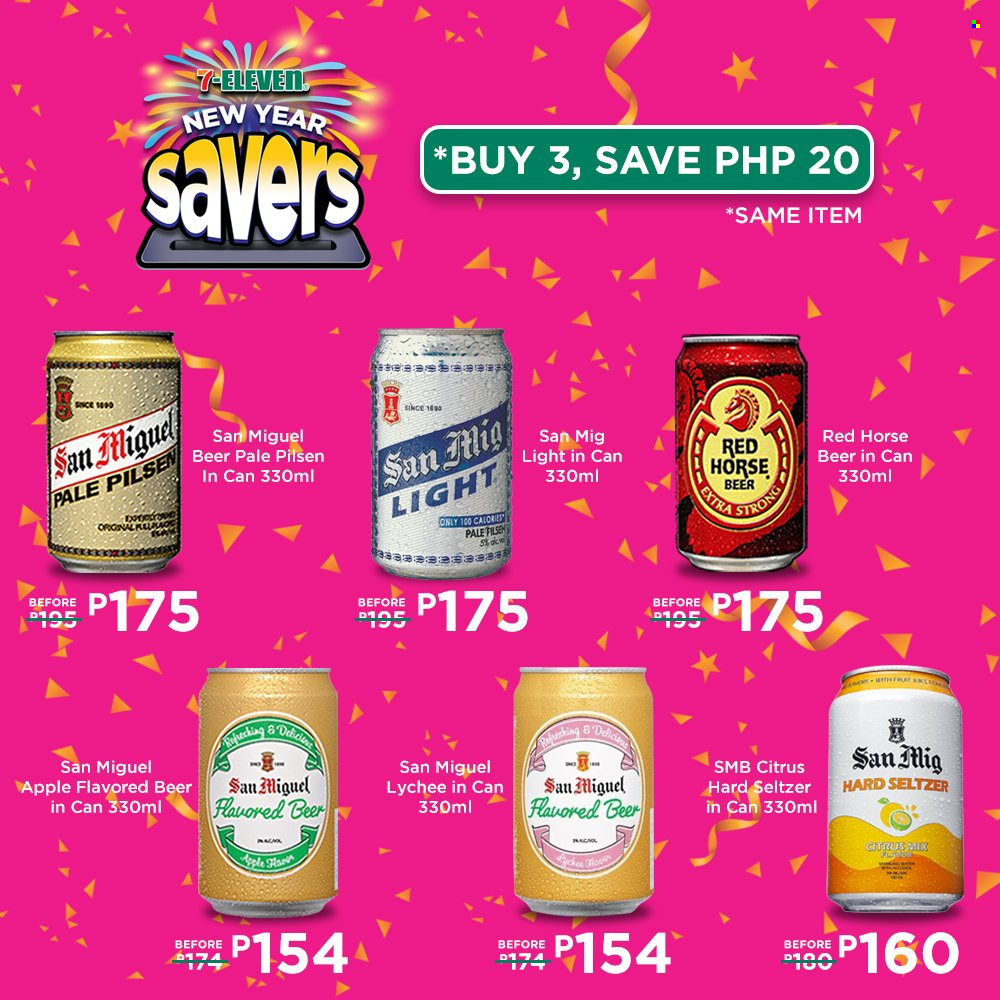 7 Eleven offer  - 25.1.2023 - 21.3.2023 - Sales products - lychee, hard seltzer, beer, San Miguel. Page 20.