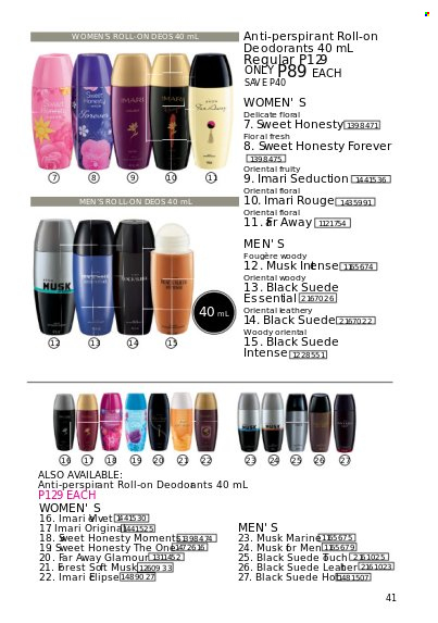 thumbnail - Avon offer  - 1.3.2023 - 31.3.2023 - Sales products - anti-perspirant, far away, roll-on, Imari, deodorant, magnesium. Page 41.
