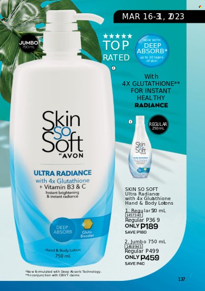thumbnail - Avon offer  - 1.3.2023 - 31.3.2023 - Sales products - Avon, Skin So Soft, body lotion. Page 137.