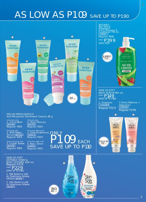 thumbnail - Avon offer  - 18.3.2023 - 31.3.2023 - Sales products - shampoo, Avon, serum, Skin So Soft, conditioner, anti-perspirant. Page 7.