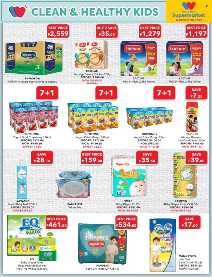 thumbnail - Walter Mart offer  - 17.3.2023 - 30.3.2023 - Sales products - mango, yoghurt, milk, yoghurt drink, Mickey Mouse, porridge, chicken, wipes, Pampers, pants, MamyPoko, baby bath, shampoo, Lactacid, conditioner. Page 4.