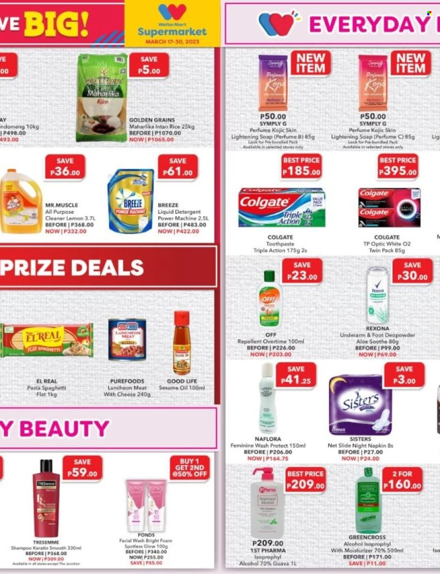 thumbnail - Walter Mart offer  - 17.3.2023 - 30.3.2023 - Sales products - guava, spaghetti, pasta, lunch meat, cheese, rice, Good Life, sesame oil, alcohol, napkins, detergent, cleaner, liquid detergent, shampoo, soap, Colgate, toothpaste, moisturizer, keratin, eau de parfum, Rexona, repellent. Page 7.