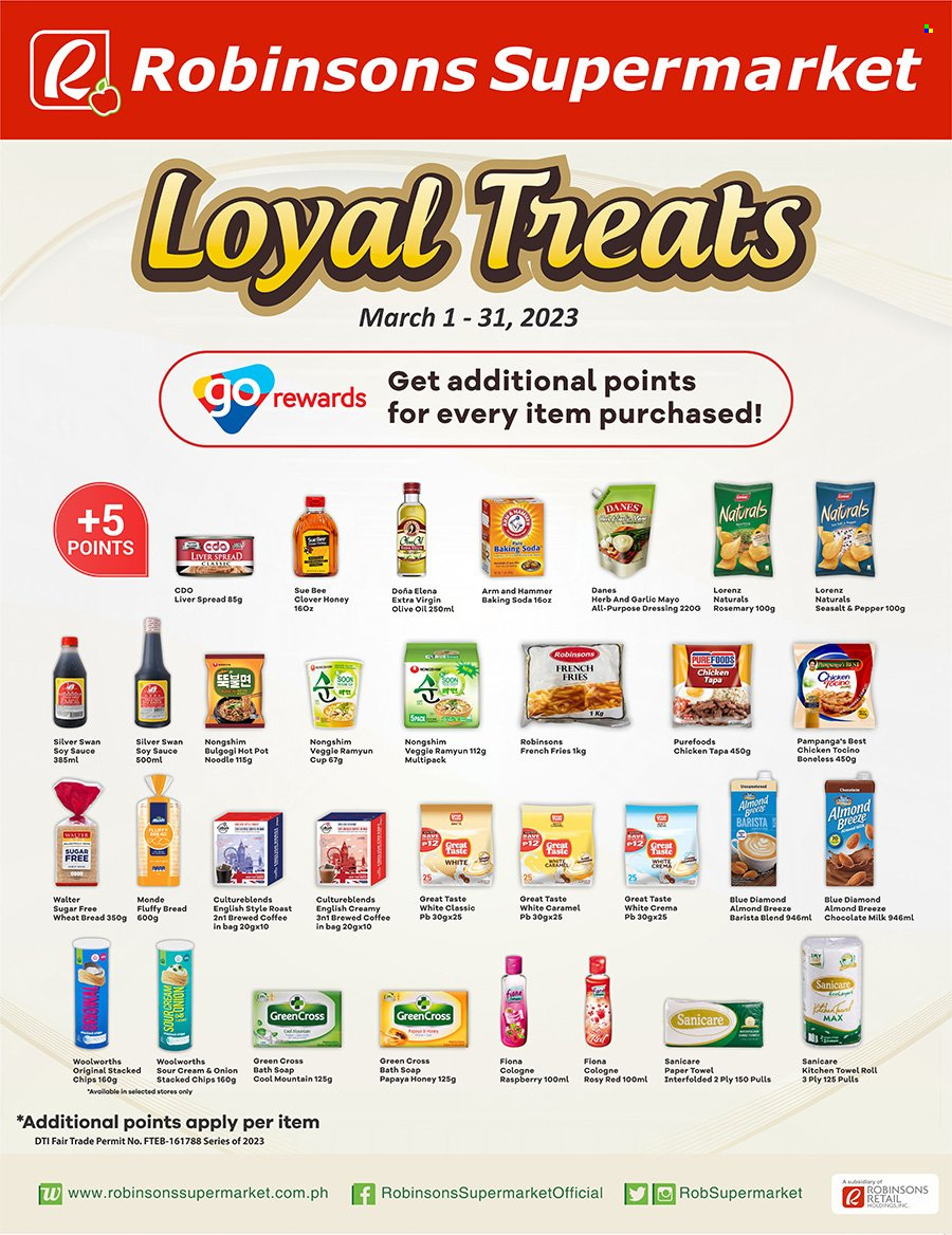 thumbnail - Robinsons Supermarket offer  - 1.3.2023 - 31.3.2023 - Sales products - papaya, wheat bread, garlic, chicken, roast, sauce, noodles, milk, Almond Breeze, mayonnaise, potato fries, french fries, milk chocolate, chips, bicarbonate of soda, sea salt, rosemary, herbs, caramel, soy sauce, dressing, extra virgin olive oil, olive oil, honey, Blue Diamond, coffee, kitchen towels, paper towels, Sanicare, soap, cologne. Page 2.