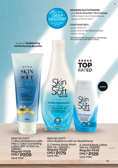 thumbnail - Avon offer  - 1.4.2023 - 30.4.2023 - Sales products - body wash, Avon, Skin So Soft, Niacinamide, body lotion, vitamin c. Page 53.
