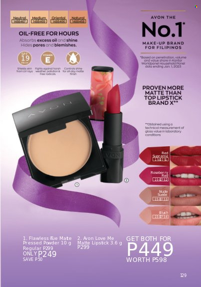 thumbnail - Avon offer  - 1.4.2023 - 30.4.2023 - Sales products - Avon, lipstick, makeup, face powder. Page 129.