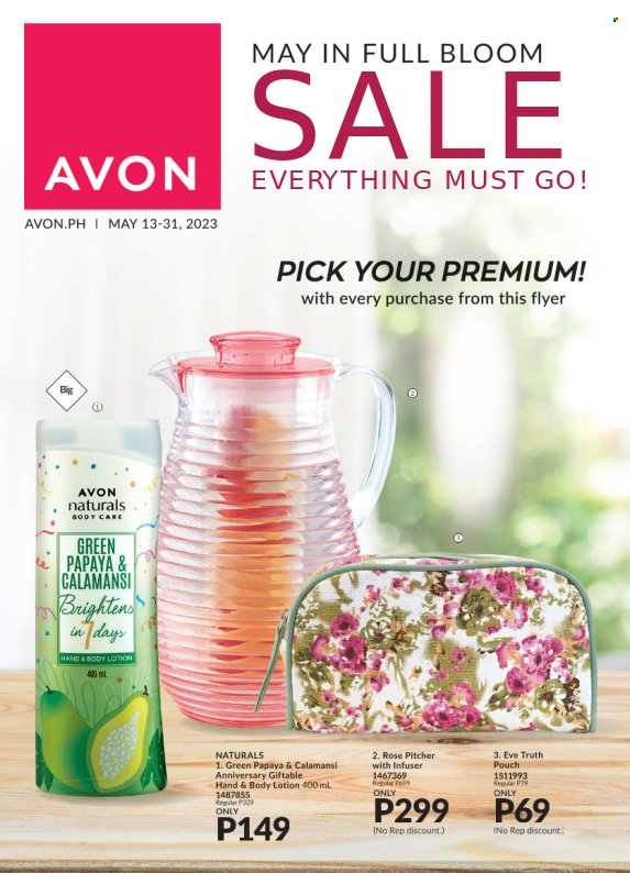 Avon offer  - 13.5.2023 - 31.5.2023 - Sales products - Avon, body lotion, pitcher, Go!. Page 1.