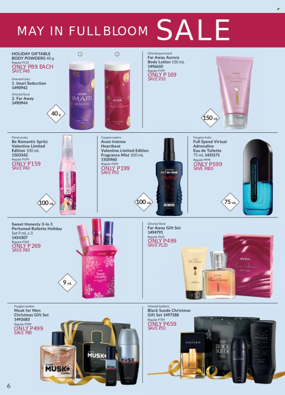 thumbnail - Avon offer  - 13.5.2023 - 31.5.2023 - Sales products - Be Romantic, Avon, body lotion, eau de toilette, far away, fragrance, Imari, gift set. Page 6.