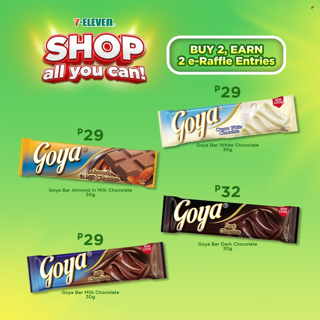 thumbnail - 7 Eleven offer  - 17.5.2023 - 27.6.2023 - Sales products - milk chocolate, chocolate, dark chocolate, Goya, almonds. Page 15.