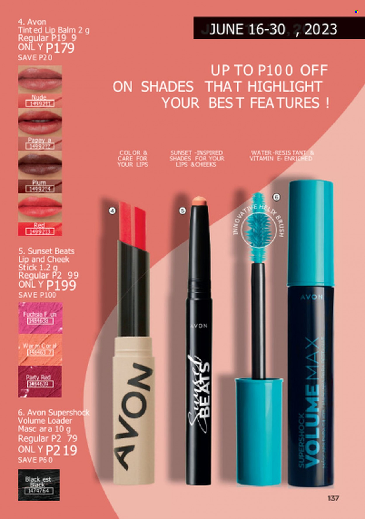 thumbnail - Avon offer  - 1.6.2023 - 30.6.2023 - Sales products - Avon, lip balm, brush, shades. Page 137.