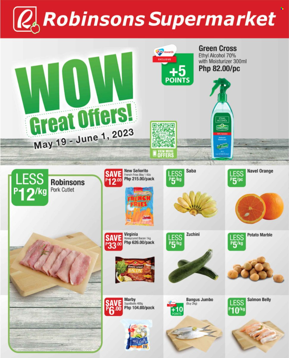 Robinsons Supermarket offer  - 19.5.2023 - 1.6.2023 - Sales products - orange, bbq, salmon, bacon, potato fries, french fries, honey, alcohol, moisturizer, navel oranges. Page 1.
