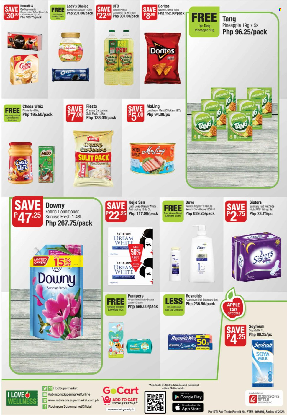 thumbnail - Robinsons Supermarket offer  - 19.5.2023 - 1.6.2023 - Sales products - pineapple, chicken, sandwich, cheese, Oreo, Coffee-Mate, soy milk, Milo, creamer, Dove, Doritos, salty snack, canola oil, instant coffee, Nescafé, Pampers, pants, Downy Laundry, shampoo, soap, serum, keratin, Sure. Page 2.