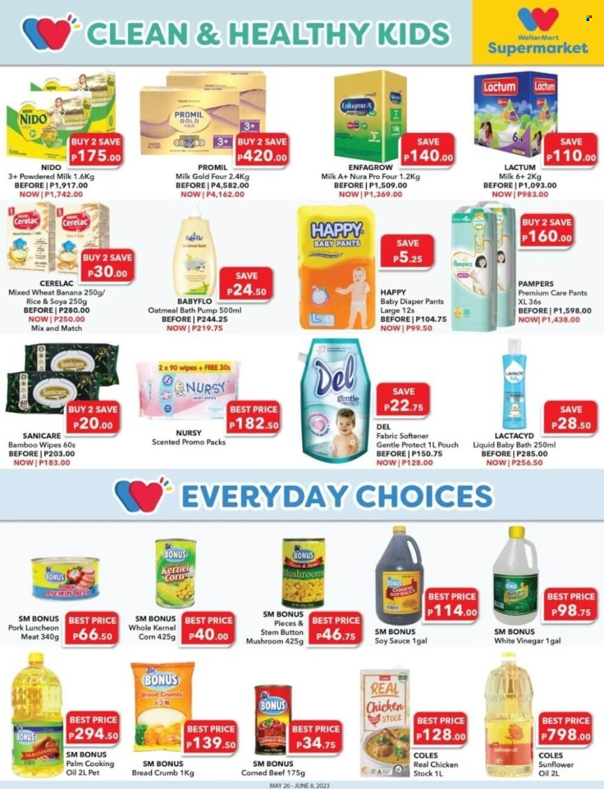 thumbnail - Walter Mart offer  - 26.5.2023 - 8.6.2023 - Sales products - mushrooms, bread, corn, sauce, lunch meat, corned beef, powdered milk, oatmeal, rice, soy sauce, sunflower oil, vinegar, oil, cooking oil, beef meat, wipes, Pampers, pants, baby pants, baby bath, Sanicare, fabric softener, Lactacid. Page 4.
