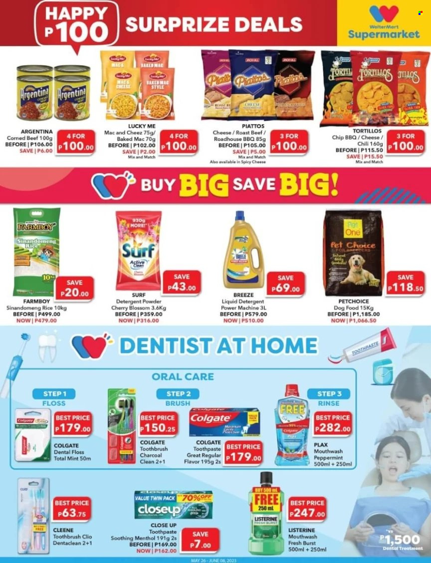 thumbnail - Walter Mart offer  - 26.5.2023 - 8.6.2023 - Sales products - roast, corned beef, cheese, rice, beef meat, roast beef, detergent, liquid detergent, laundry powder, Surf, Colgate, Listerine, toothbrush, toothpaste, Plax, Closeup, mouthwash, animal food, dog food. Page 7.