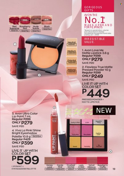 thumbnail - Avon offer  - 1.6.2023 - 30.6.2023 - Sales products - Avon, Palette, eyeshadow, lip paint, lipstick, face powder. Page 19.